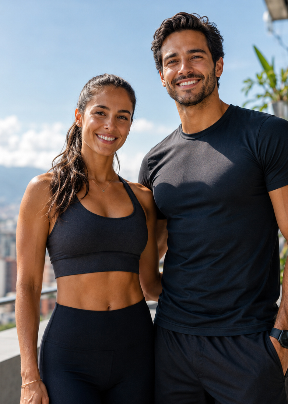 Pareja entrenando en la terraza de AV Wellness con vista a Medellín